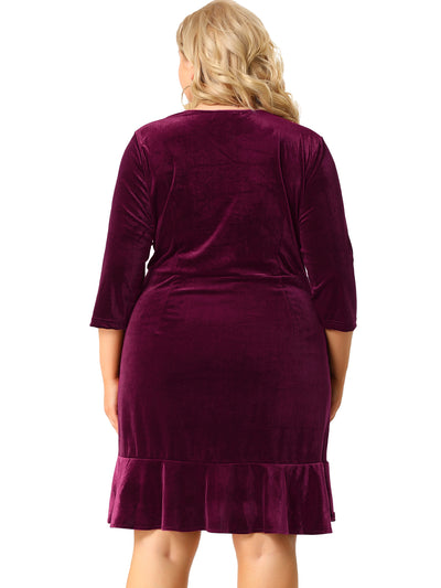 Plus Size Velvet V Neck 3/4 Sleeve Ruffle Wrap Dress