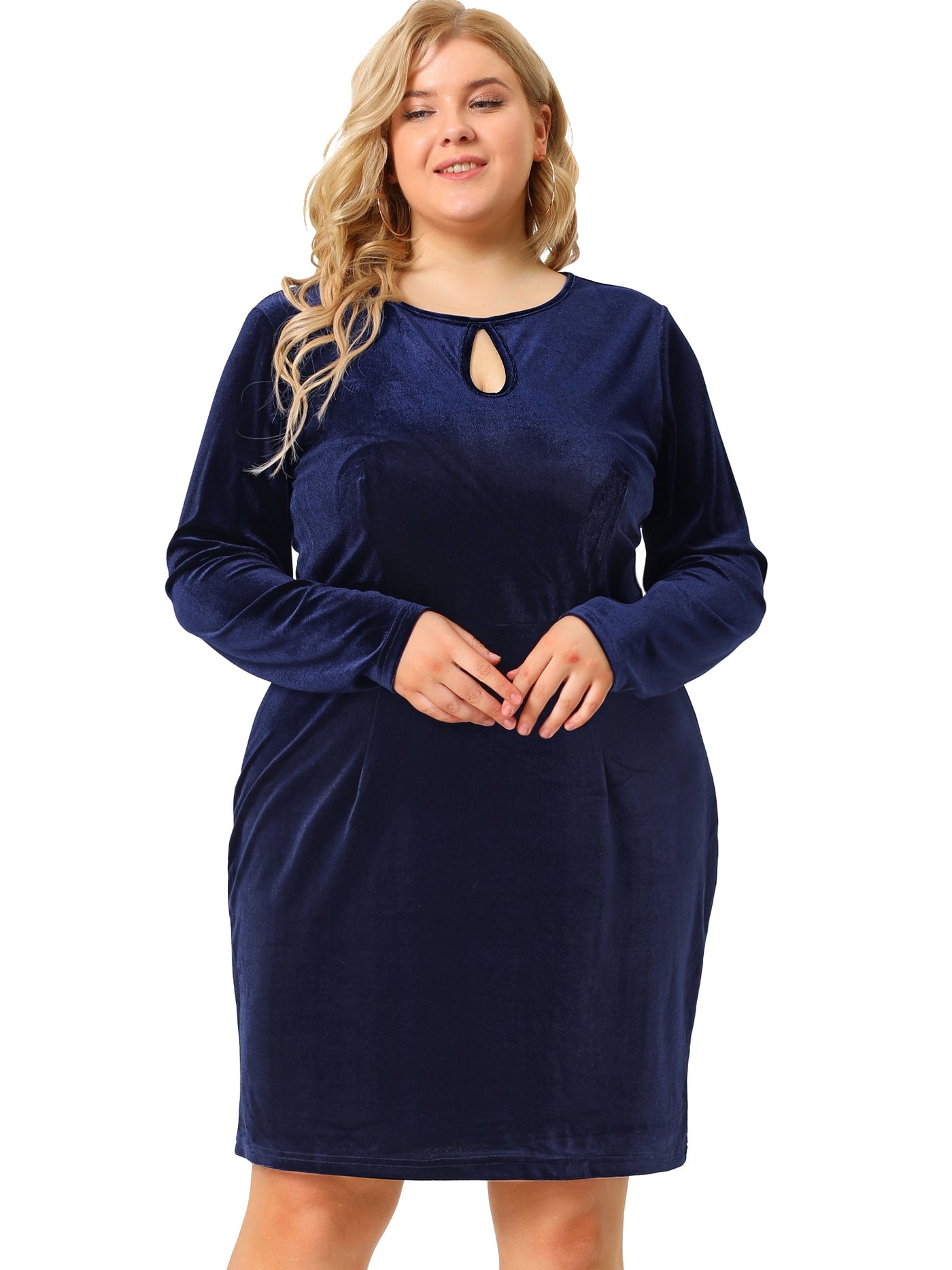 Bublédon Velvet Keyhole Solid Long Sleeve Plus Size Dress