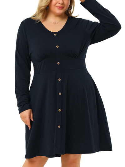 V Neck Solid Button Up Long Sleeve Plus Size Dress