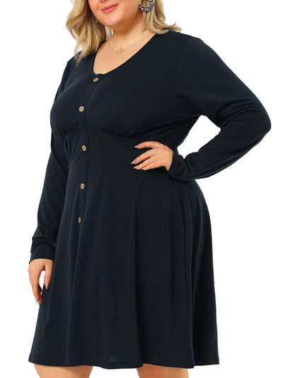 V Neck Solid Button Up Long Sleeve Plus Size Dress