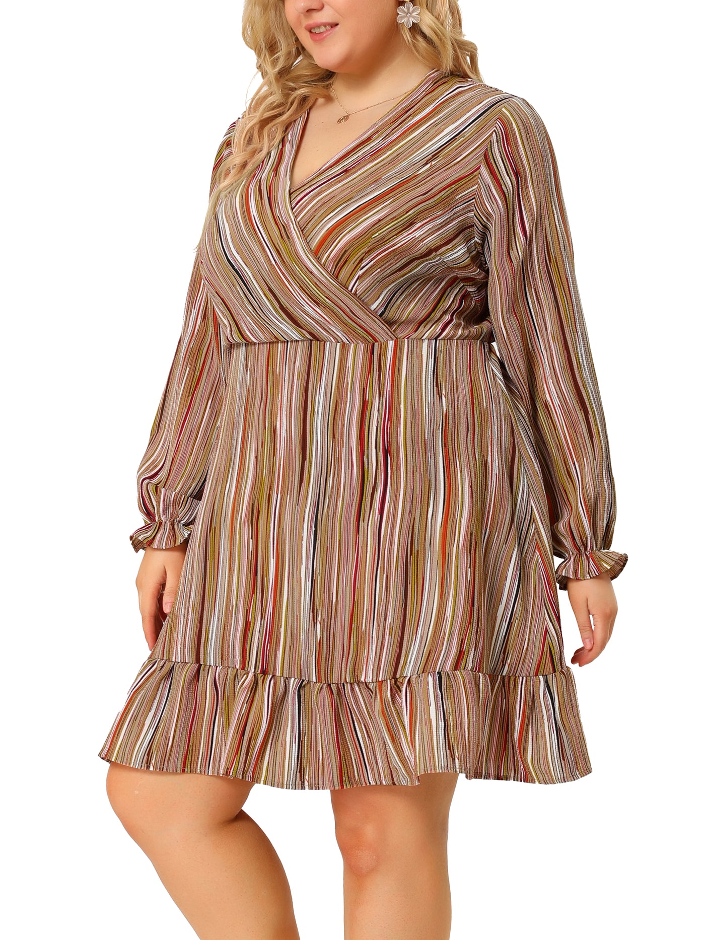 Bublédon V Neck Long Sleeve Striped Ruffle Plus Size Dress