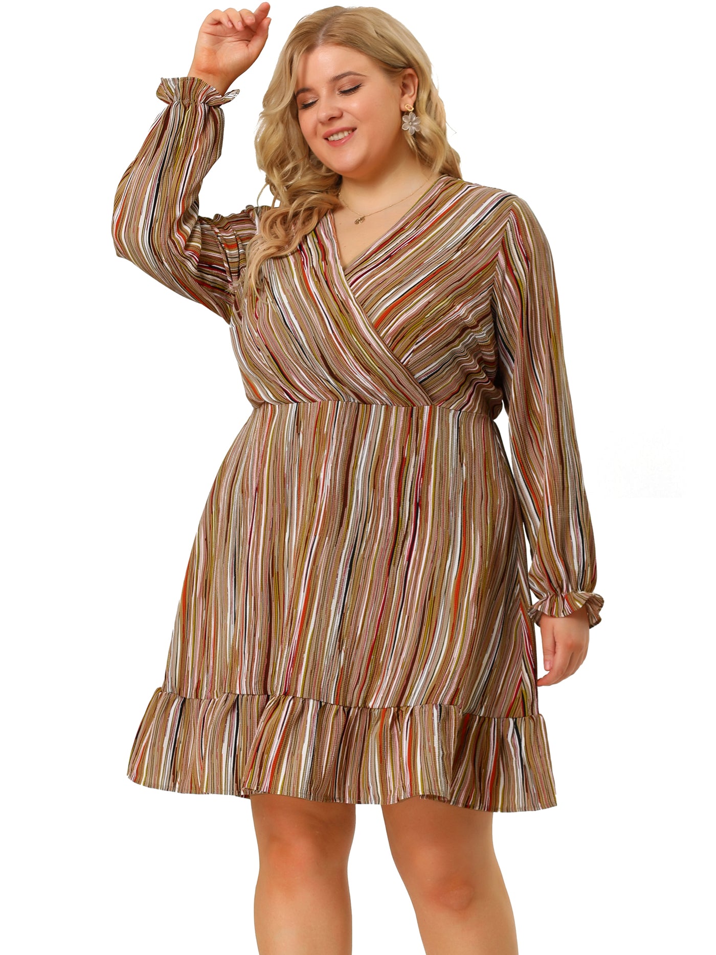 Bublédon V Neck Long Sleeve Striped Ruffle Plus Size Dress