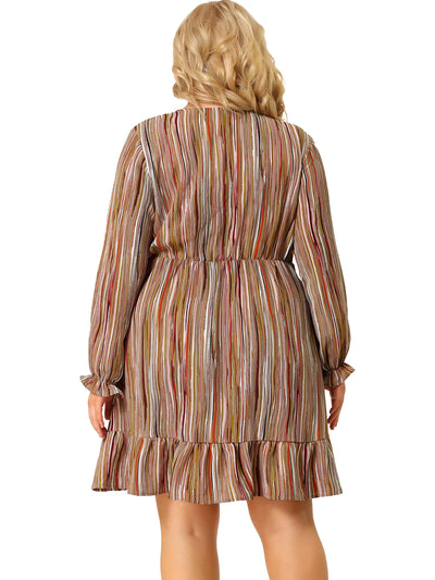 V Neck Long Sleeve Striped Ruffle Plus Size Dress