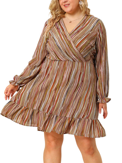 V Neck Long Sleeve Striped Ruffle Plus Size Dress