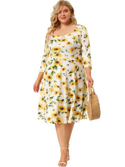 Heart Neck 3/4 Sleeve Floral Printed Plus Size Dress