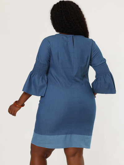 Loose Plus Size Bell Sleeve Chambray Denim Dress