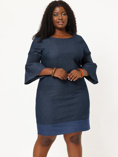 Loose Plus Size Bell Sleeve Chambray Denim Dress