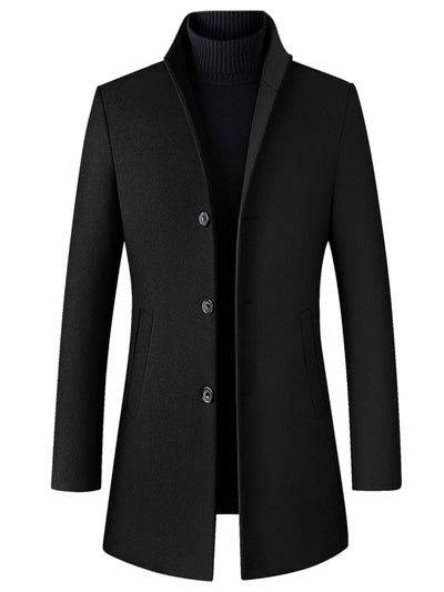 Wool Blend Stand Collar Single Breasted Overcoat