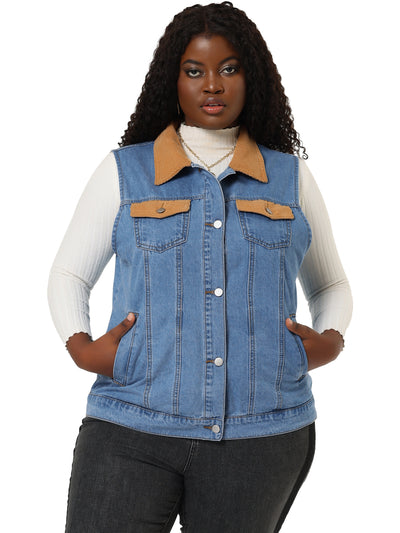 Bublédon Plus Size Corduroy Jean Contrast Color Denim Jackets Vests