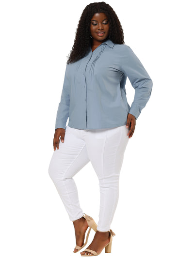 Plus Size Button Front Pleated Long Sleeve Blouse