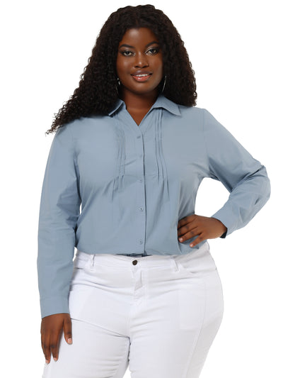 Plus Size Button Front Pleated Long Sleeve Blouse