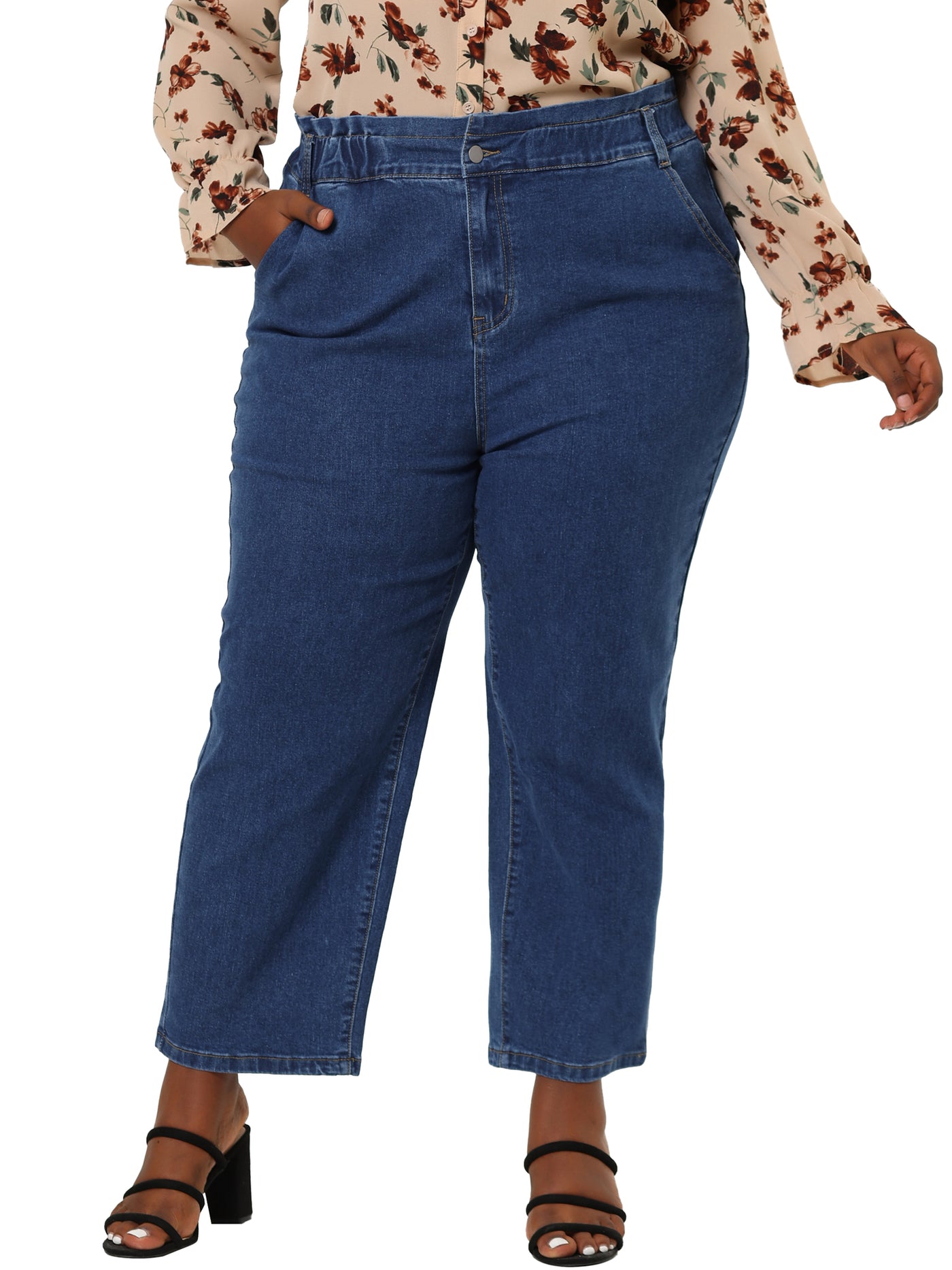 Bublédon Plus Size Pockets Button Fly Elastic Waist Denim Jeans