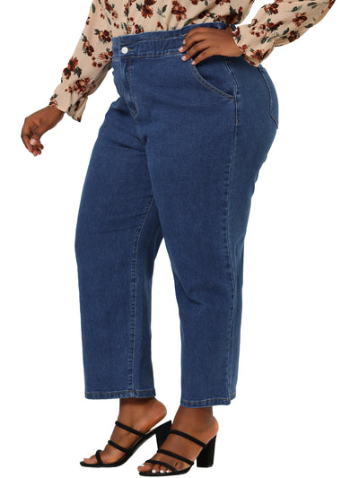 Plus Size Pockets Button Fly Elastic Waist Denim Jeans