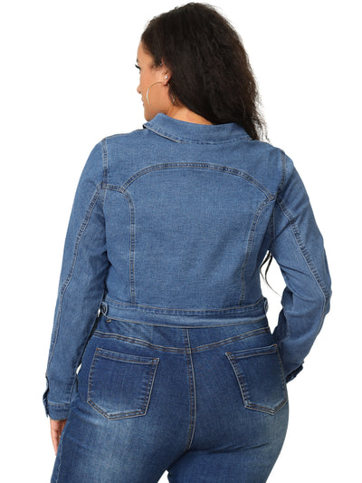 Women Plus Size Button Closed Cropped Denim Jacket