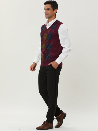 Casual V Neck Sleeveless Argyle Knit Sweater Vest
