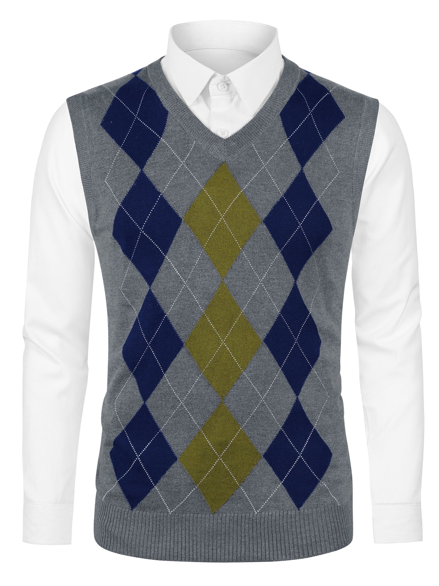Bublédon Casual V Neck Sleeveless Argyle Knit Sweater Vest