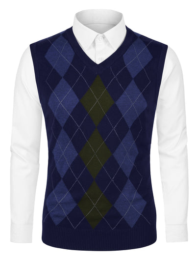 Casual V Neck Sleeveless Argyle Knit Sweater Vest