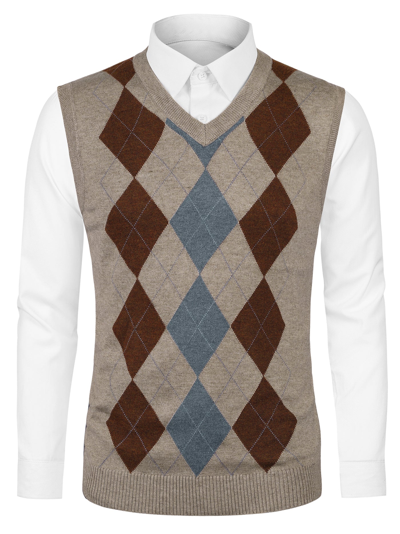 Bublédon Casual V Neck Sleeveless Argyle Knit Sweater Vest