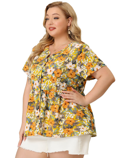 Relax Fit Floral V Neck Short Sleeve Top