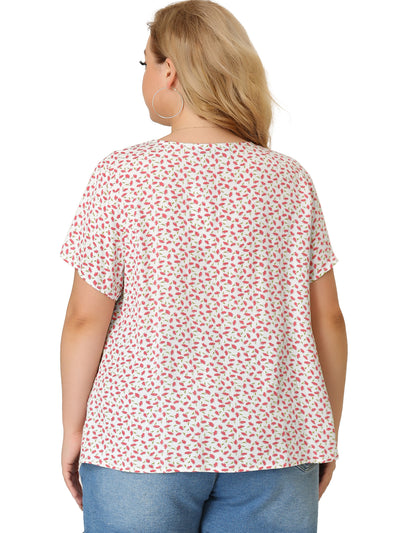 Plus Size Floral Print V Neck Short Sleeve Shirts