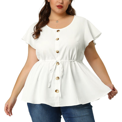 Women's Plus Size Blouse Round Neck Button Decor Drawstring Elastic Back Bell Sleeve Summer Tops