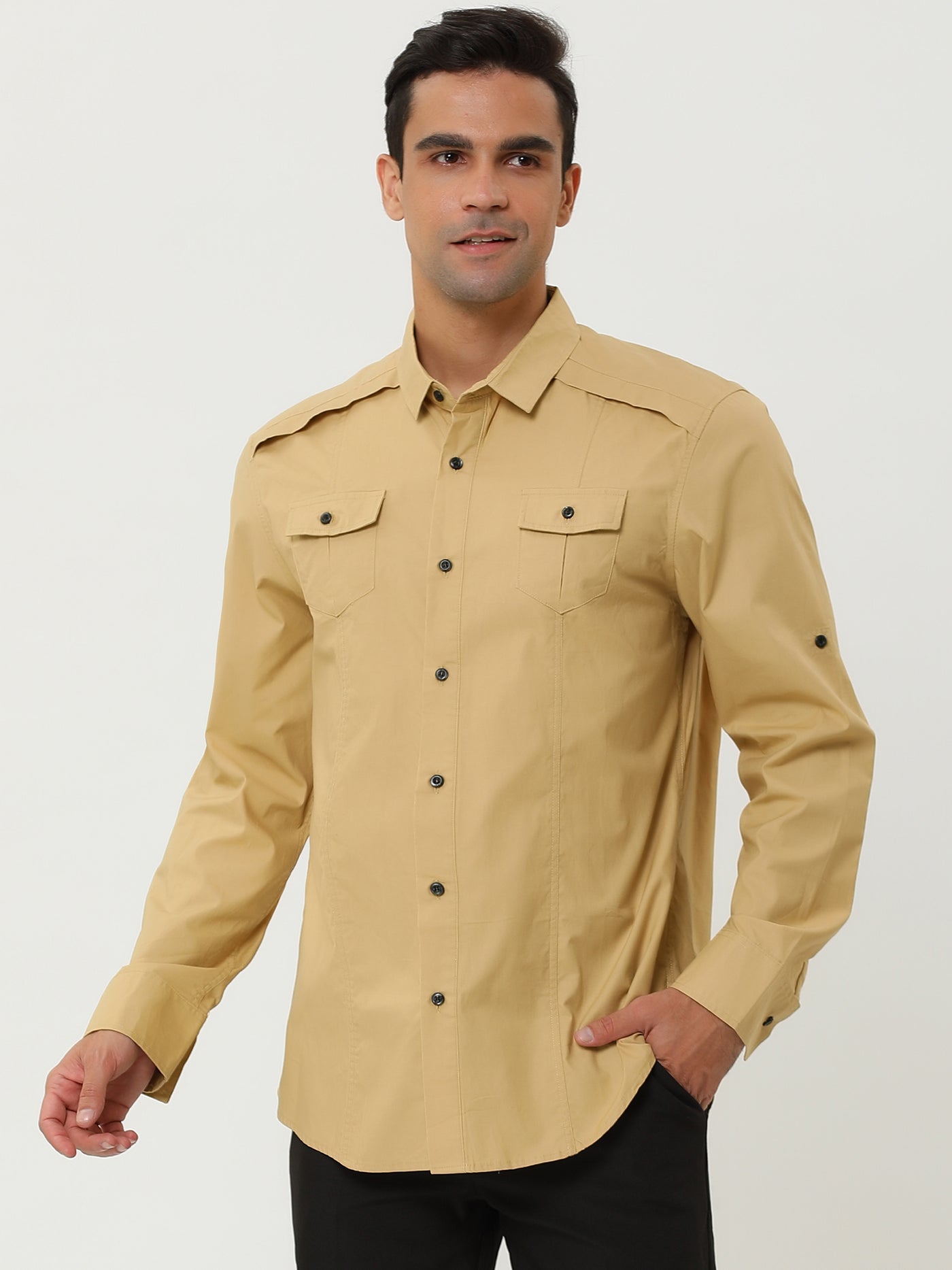 Bublédon Casual Lapel Long Sleeve Button Cargo Work Shirt