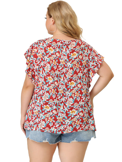Plus Size Blouses Flare Sleeve Keyhole Front Round Neck Top