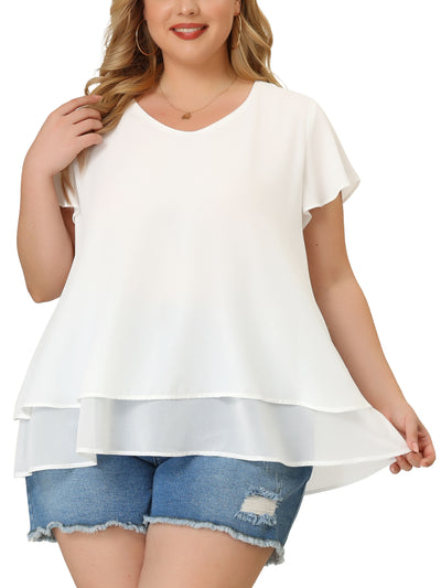 Plus Size Casual Flare Sleeve Double Layers Chiffon Blouse