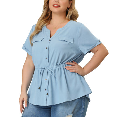 Plus Size Blouse Casual Drawstring Waist Chambray Top