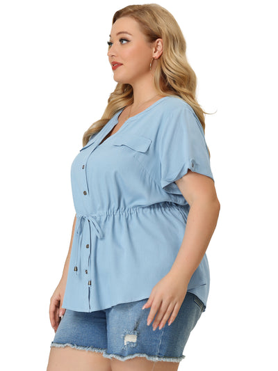 Plus Size Blouse Casual Drawstring Waist Chambray Top