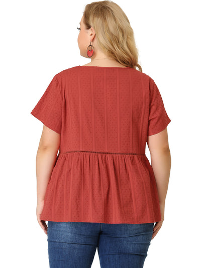 Woven Relax Fit V Neck Short Sleeve Lace Insert Top