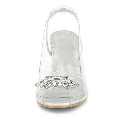 Perphy Clear Slingback Rhinestone Peep Toe Block Heels Sandals