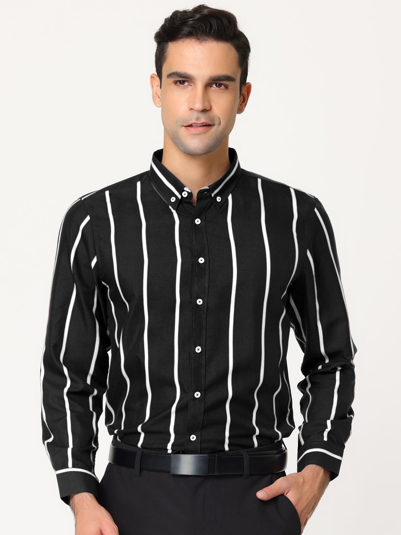 Bublédon Vertical Striped Lapel Long Sleeve Button Dress Shirts