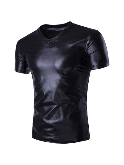 Metallic Shiny V Neck Short Sleeve Party T-Shirt