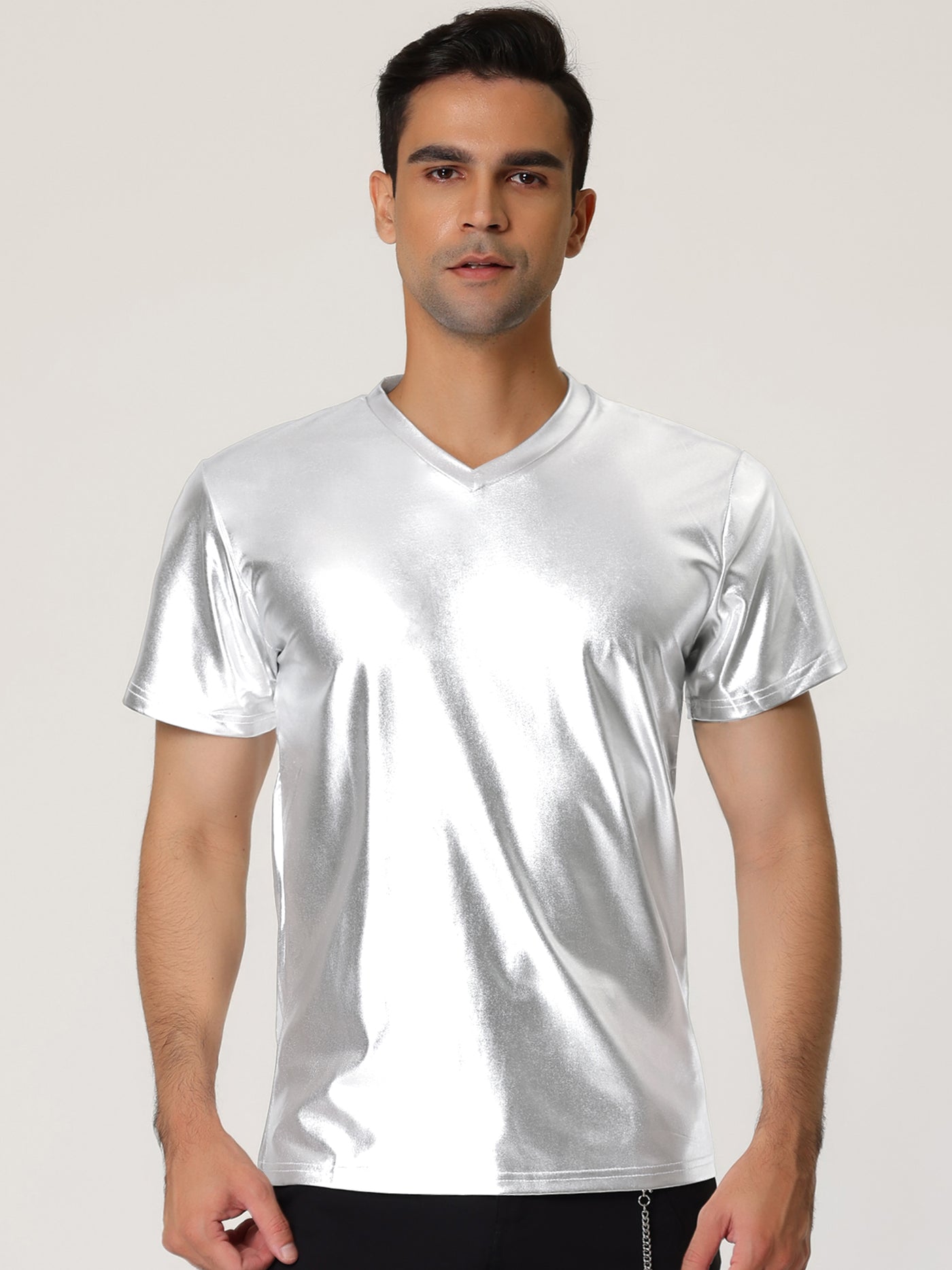 Bublédon Metallic Shiny V Neck Short Sleeve Party T-Shirt