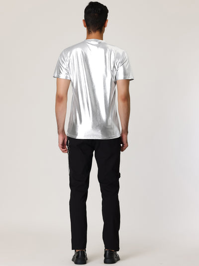 Metallic Shiny V Neck Short Sleeve Party T-Shirt