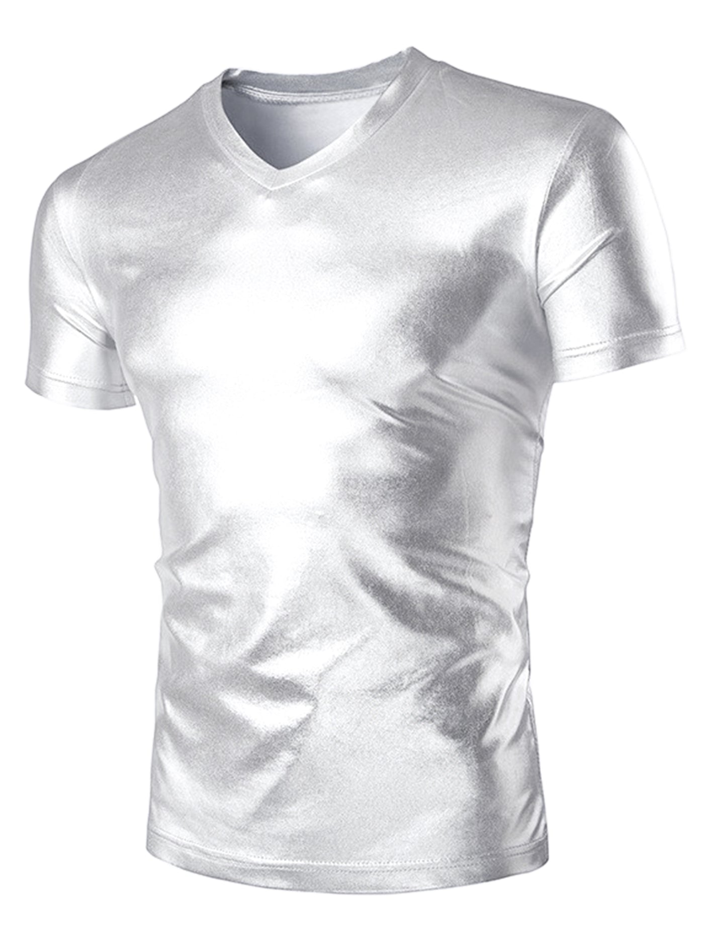 Bublédon Metallic Shiny V Neck Short Sleeve Party T-Shirt