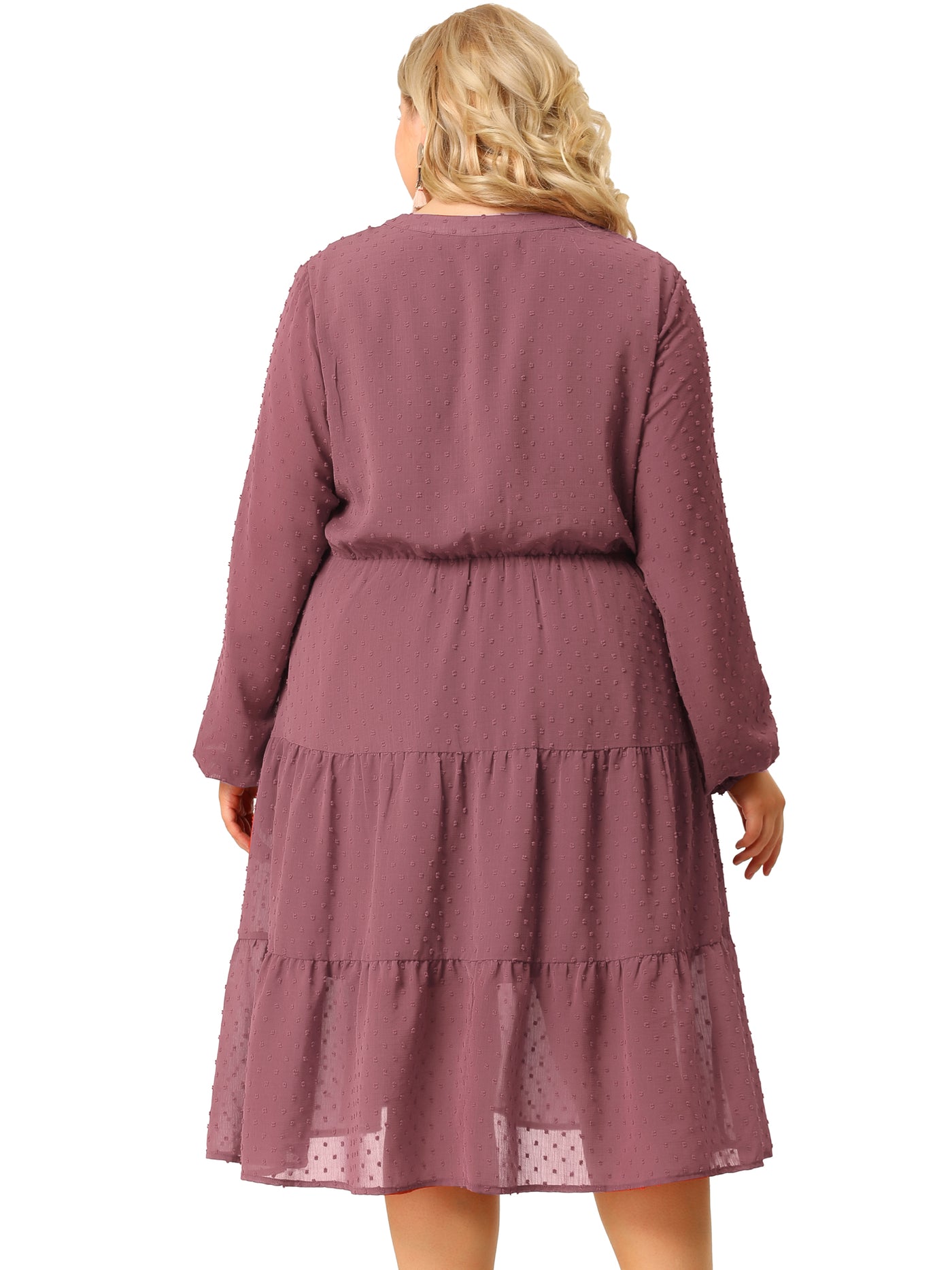 Bublédon V-Neck Elastic Waist Long Sleeve Plus Size Dress