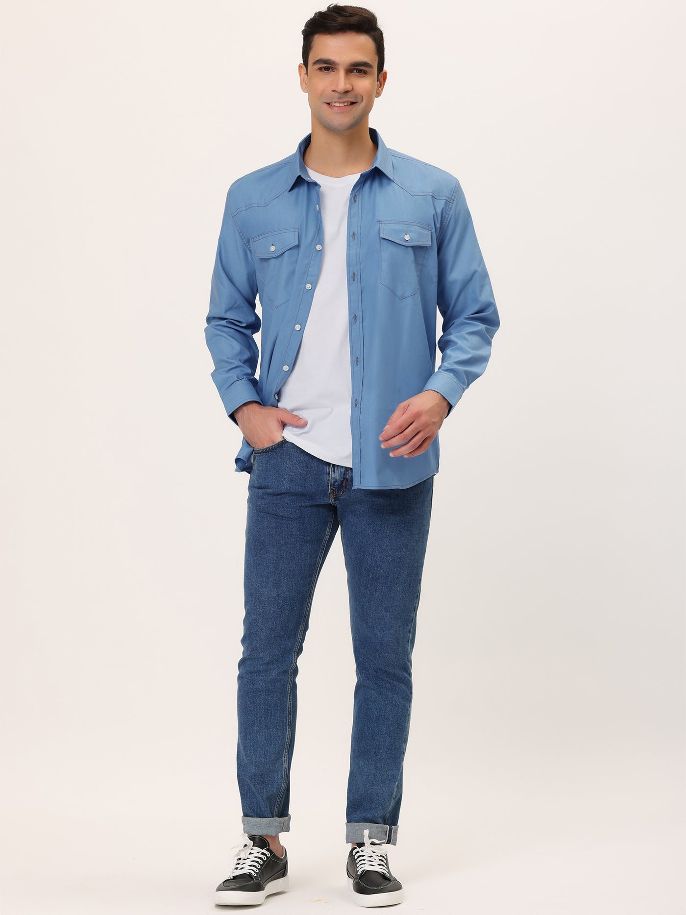 Bublédon Men's Casual Relaxed Fit Solid Point Collar Denim Shirt