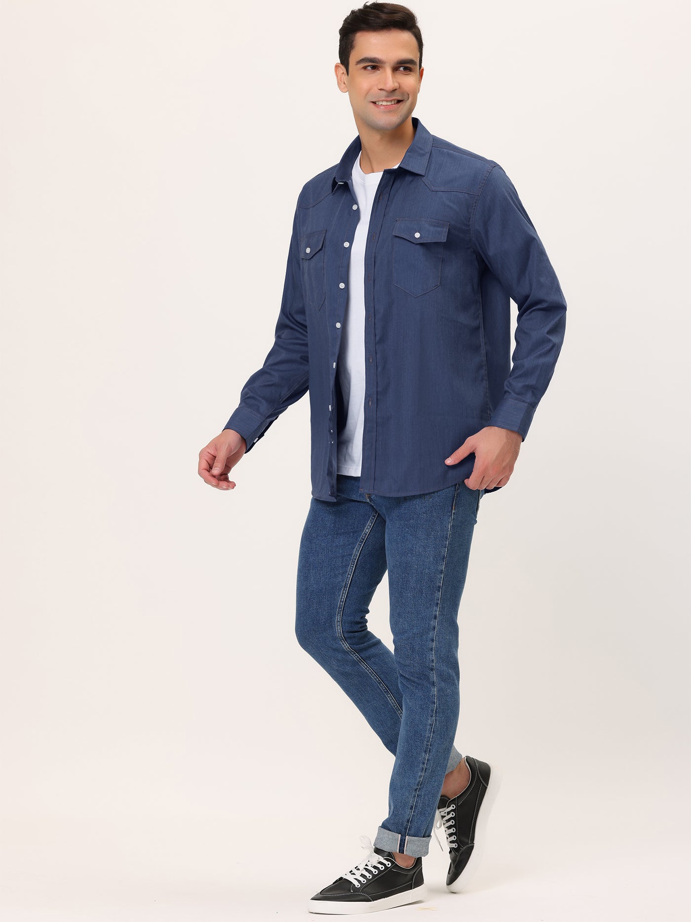 Bublédon Men's Casual Relaxed Fit Solid Point Collar Denim Shirt