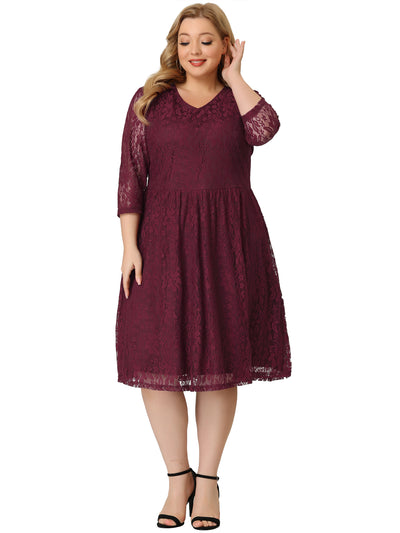 Lace Embroidered V Neck 3/4 Sleeve Plus Size Dress