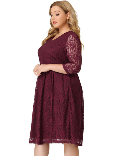 Lace Embroidered V Neck 3/4 Sleeve Plus Size Dress