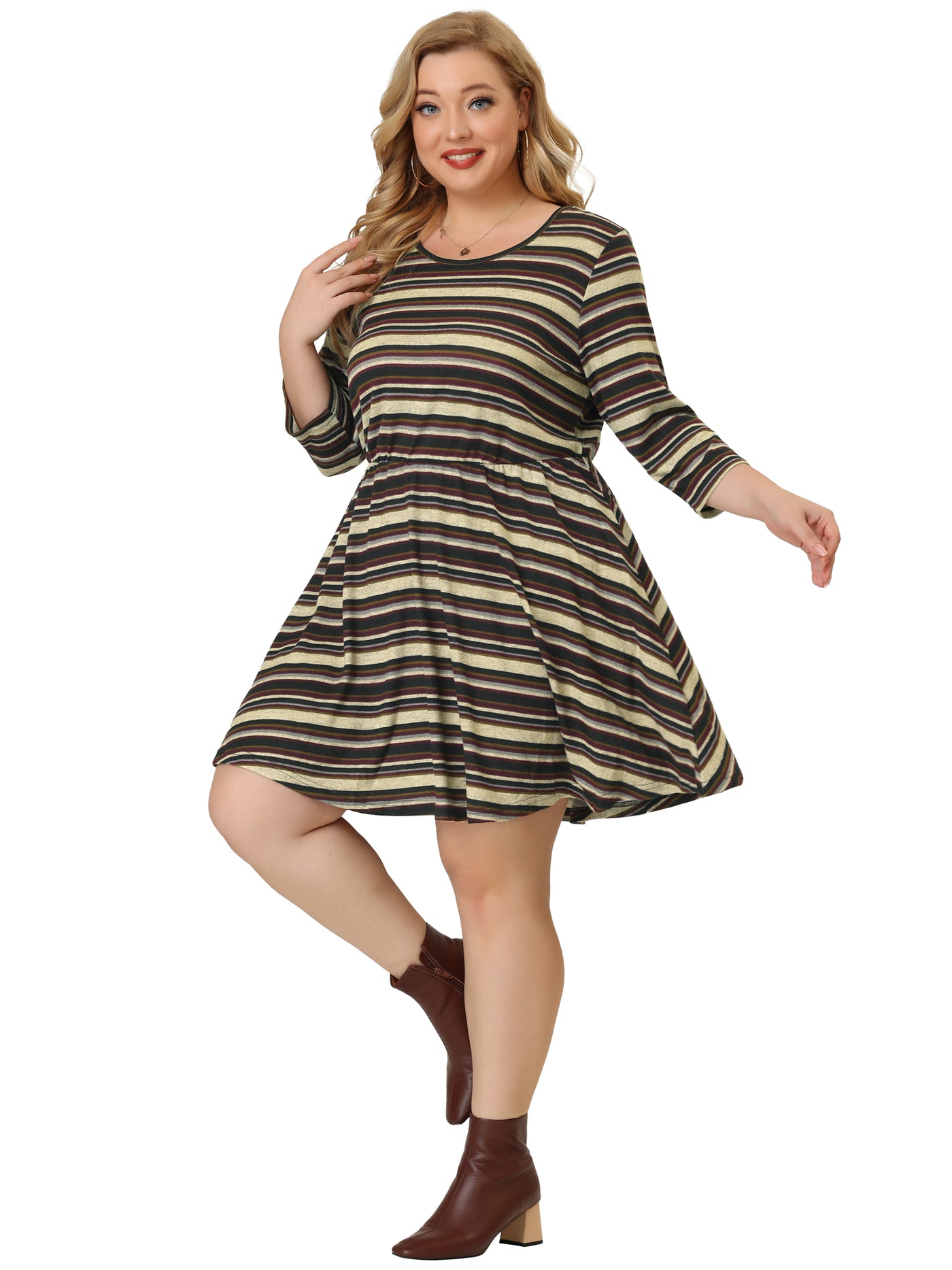 Bublédon Plus Size Casual Boho Round Neck Striped Dress