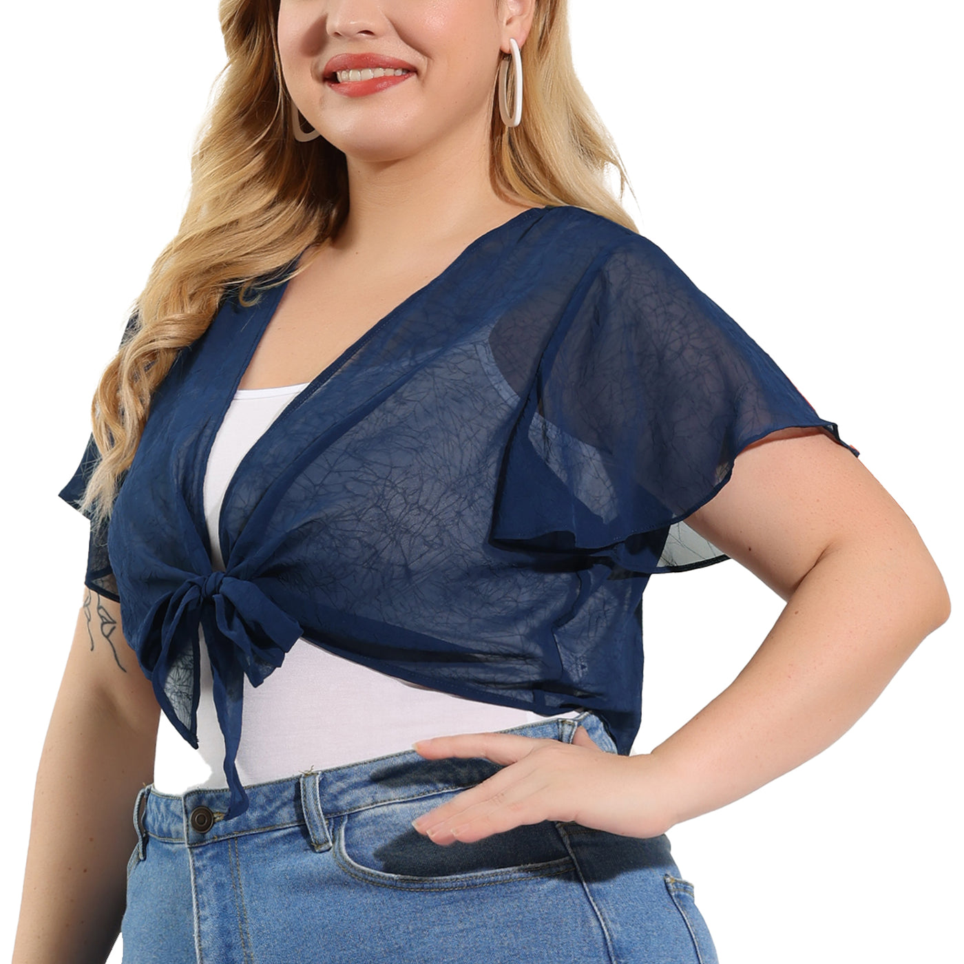 Bublédon Plus Size Cardigan Casual Flare Sleeve Tie Front Crop Tops