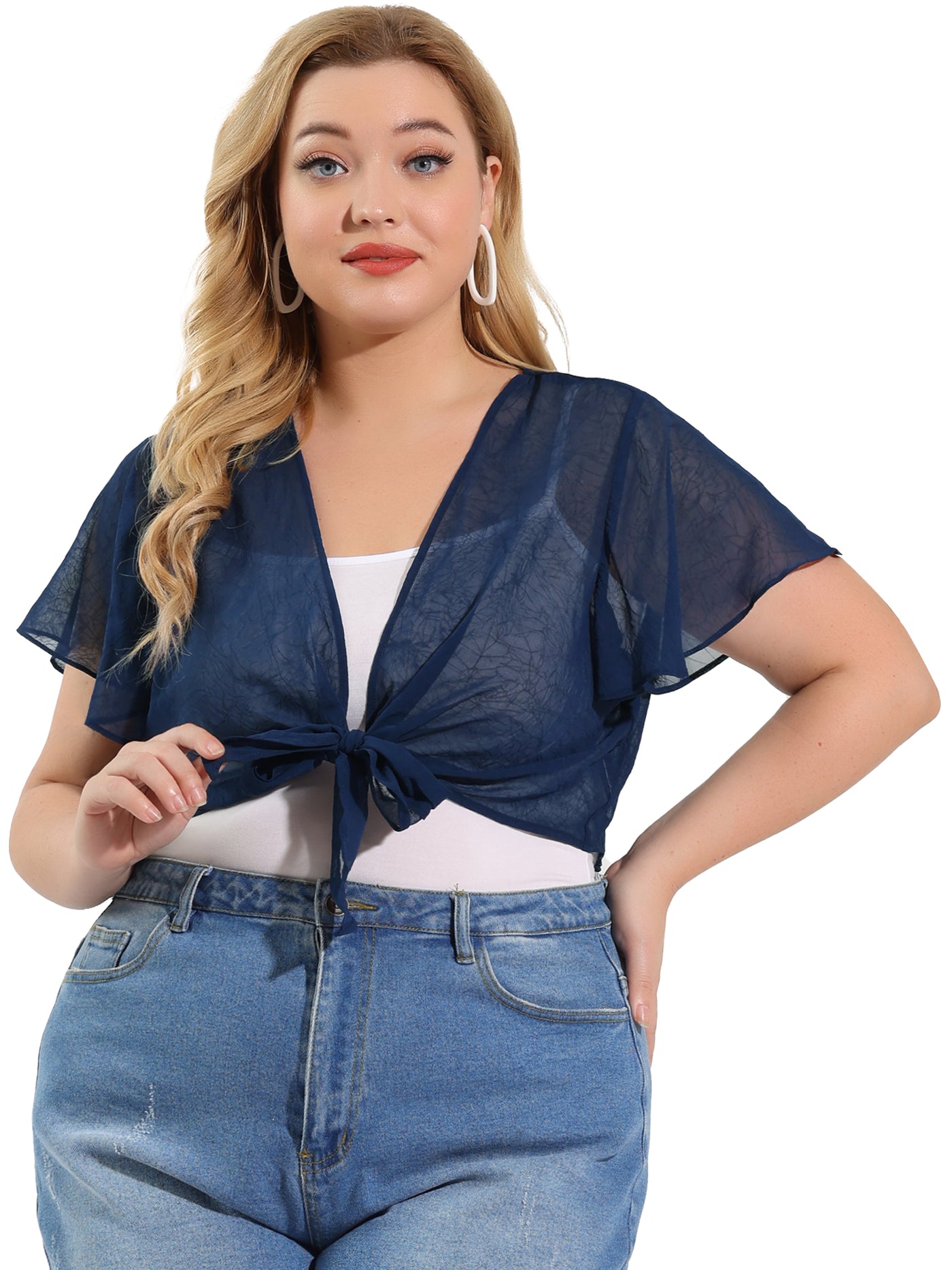 Bublédon Plus Size Cardigan Casual Flare Sleeve Tie Front Crop Tops