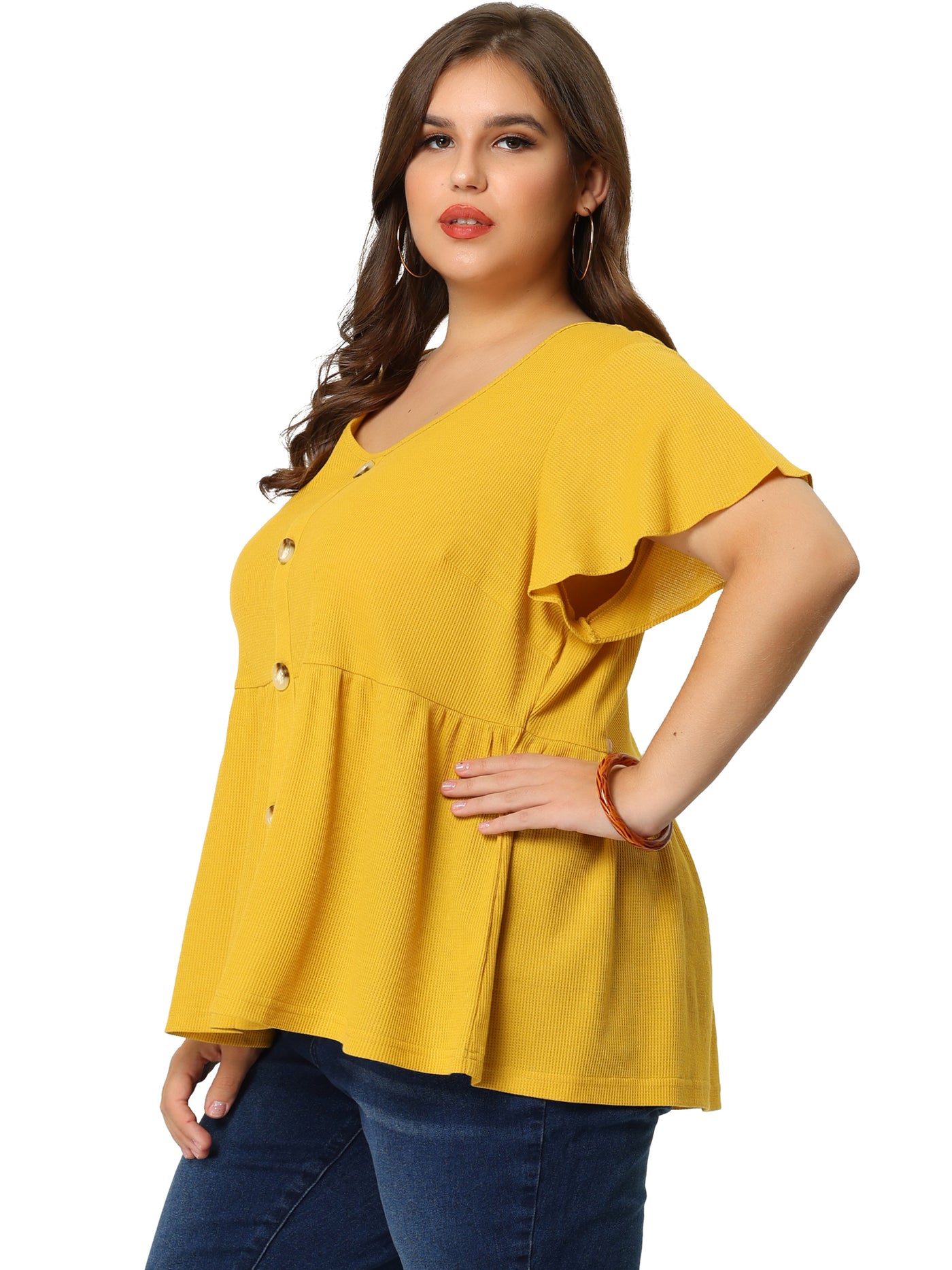 Bublédon Waffle Relax Fit V Neck Short Sleeve Top