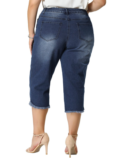 Plus Size Frayed-Hem Washed Denim Capri Jean