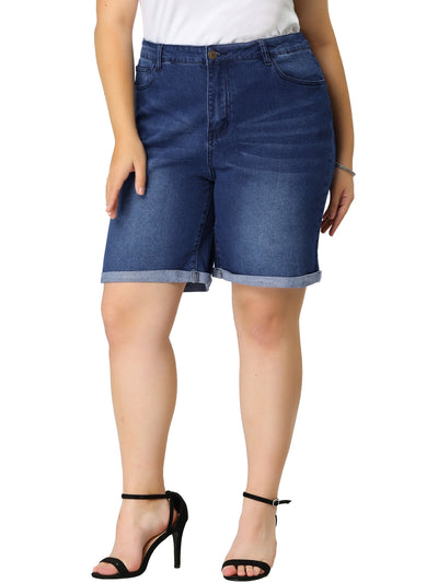 Bublédon Plus Size Jeans Casual Slash Pockets Washed Denim Shorts