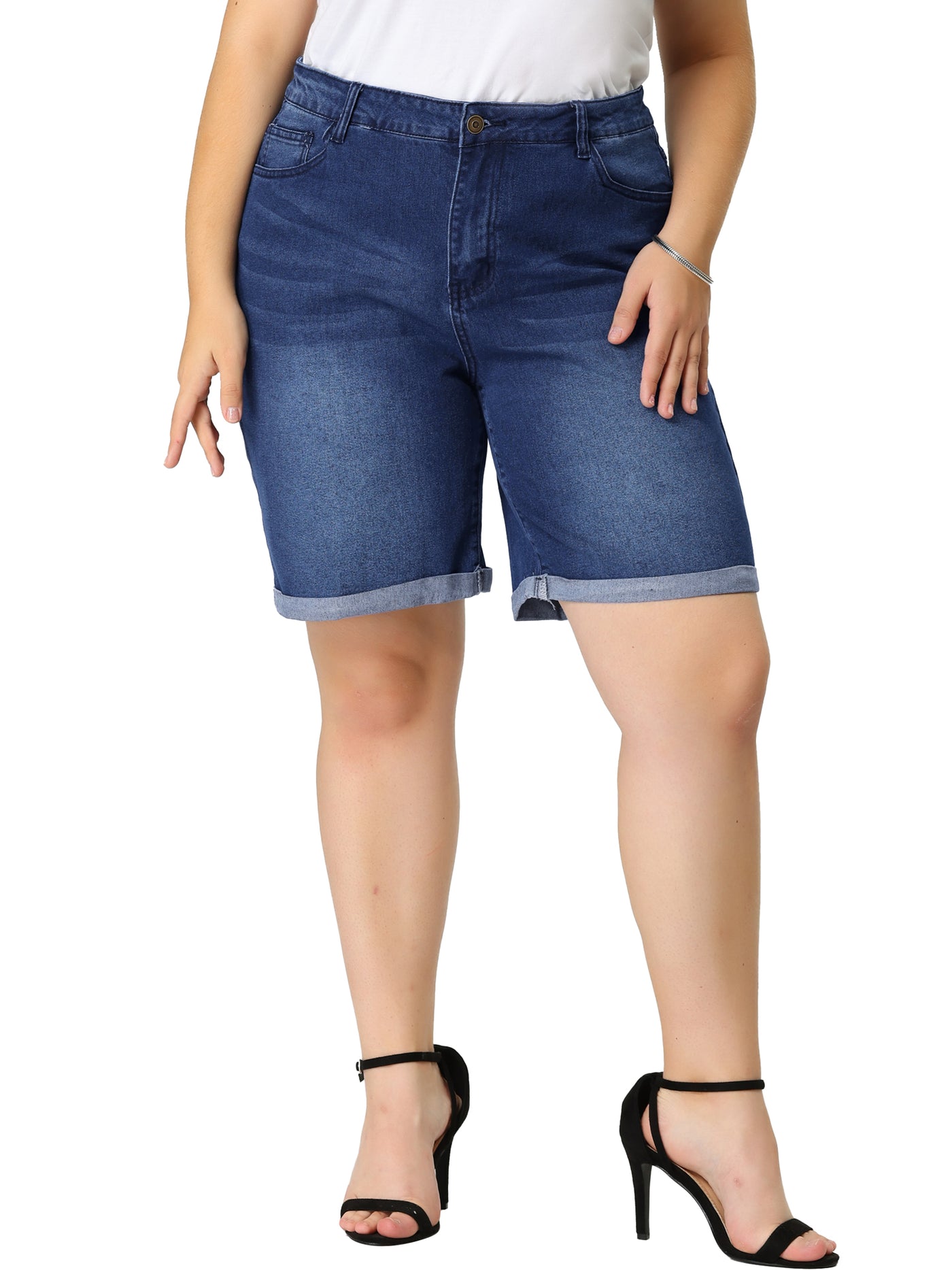 Bublédon Plus Size Jeans Casual Slash Pockets Washed Denim Shorts