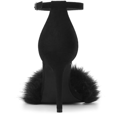 Perphy Faux Fur Ankle Strap Stiletto Heels Sandals